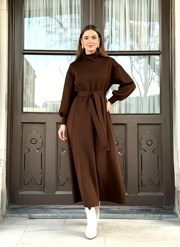 istanbul styles Women’s Winter Long Dress with Belt – High Neck Modest Long Sleeve Elegant Women’s Dress in Saudi Arabia
