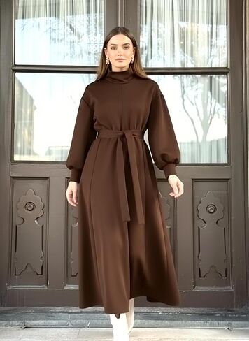 istanbul styles Women’s Winter Long Dress with Belt – High Neck Modest Long Sleeve Elegant Women’s Dress in Saudi Arabia