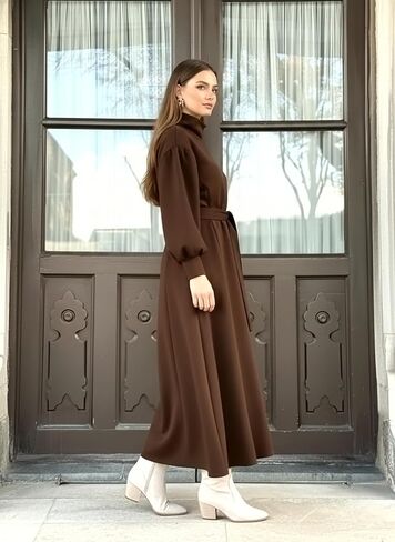 istanbul styles Women’s Winter Long Dress with Belt – High Neck Modest Long Sleeve Elegant Women’s Dress in Saudi Arabia