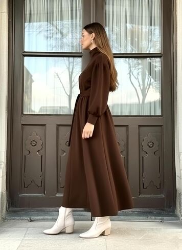 istanbul styles Women’s Winter Long Dress with Belt – High Neck Modest Long Sleeve Elegant Women’s Dress in Saudi Arabia