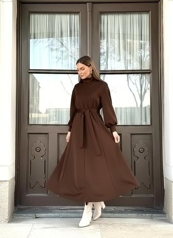 istanbul styles Women’s Winter Long Dress with Belt – High Neck Modest Long Sleeve Elegant Women’s Dress in Saudi Arabia