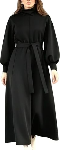 istanbul styles Women’s Winter Long Dress with Belt – High Neck Modest Long Sleeve Elegant Women’s Dress in Saudi Arabia