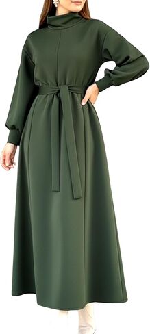 istanbul styles Women’s Winter Long Dress with Belt – High Neck Modest Long Sleeve Elegant Women’s Dress in Saudi Arabia