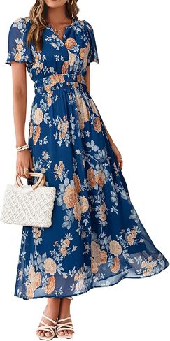 Simplee Women Floral Summer Maxi Dress Boho Flowy Casual Chiffon Short Sleeves V Neck Long Wedding Guest Dresses in Saudi Arabia