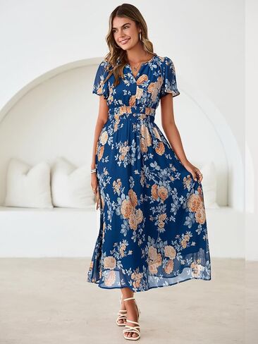 Simplee Women Floral Summer Maxi Dress Boho Flowy Casual Chiffon Short Sleeves V Neck Long Wedding Guest Dresses in Saudi Arabia