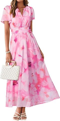 Simplee Women Floral Summer Maxi Dress Boho Flowy Casual Chiffon Short Sleeves V Neck Long Wedding Guest Dresses in Saudi Arabia