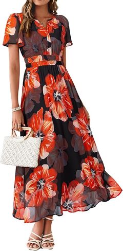Simplee Women Floral Summer Maxi Dress Boho Flowy Casual Chiffon Short Sleeves V Neck Long Wedding Guest Dresses in Saudi Arabia