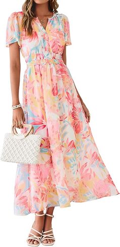 Simplee Women Floral Summer Maxi Dress Boho Flowy Casual Chiffon Short Sleeves V Neck Long Wedding Guest Dresses in Saudi Arabia