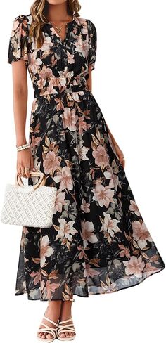 Simplee Women Floral Summer Maxi Dress Boho Flowy Casual Chiffon Short Sleeves V Neck Long Wedding Guest Dresses in Saudi Arabia