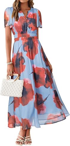 Simplee Women Floral Summer Maxi Dress Boho Flowy Casual Chiffon Short Sleeves V Neck Long Wedding Guest Dresses in Saudi Arabia