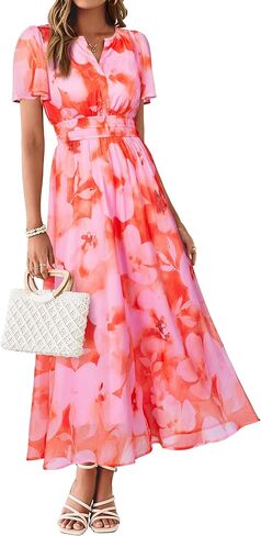 Simplee Women Floral Summer Maxi Dress Boho Flowy Casual Chiffon Short Sleeves V Neck Long Wedding Guest Dresses in Saudi Arabia