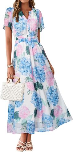 Simplee Women Floral Summer Maxi Dress Boho Flowy Casual Chiffon Short Sleeves V Neck Long Wedding Guest Dresses in Saudi Arabia