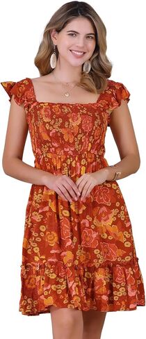 Allegra K Floral Smocked Dress for Women's Sleeveless Square Neck Ruffled Dress in Kuwait
