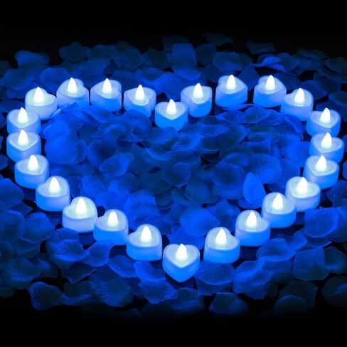 cridoz Blue Rose Petals for Romantic Night for him Set, 2000 Pieces Artificial Rose Petals with 24 Pieces Flameless LED Candles for Decoration Wedding Party Valentine's Day(Blue) in Saudi Arabia