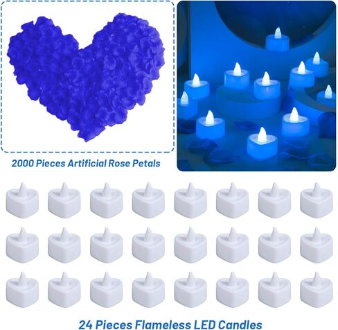 cridoz Blue Rose Petals for Romantic Night for him Set, 2000 Pieces Artificial Rose Petals with 24 Pieces Flameless LED Candles for Decoration Wedding Party Valentine's Day(Blue) in Saudi Arabia