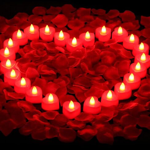 cridoz Blue Rose Petals for Romantic Night for him Set, 2000 Pieces Artificial Rose Petals with 24 Pieces Flameless LED Candles for Decoration Wedding Party Valentine's Day(Blue) in Saudi Arabia
