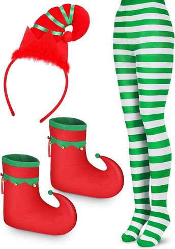 SATINIOR 3 Pcs Christmas Elf Costume Accessories Set Include Hairband Hair Hoop Striped Tights Stockings Adult Shoes Fabric in Saudi Arabia