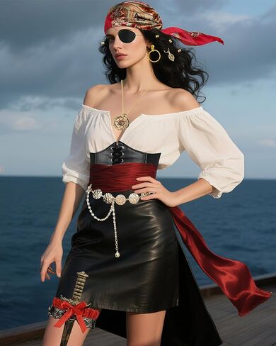 مجموعة إكسسوارات أزياء القرصان النسائية، وشاح رأس القراصنة، حزام الخصر، مشد سلسلة لحفلات الهالوين in Kuwait