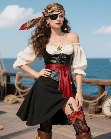 مجموعة إكسسوارات أزياء القرصان النسائية، وشاح رأس القراصنة، حزام الخصر، مشد سلسلة لحفلات الهالوين in Kuwait