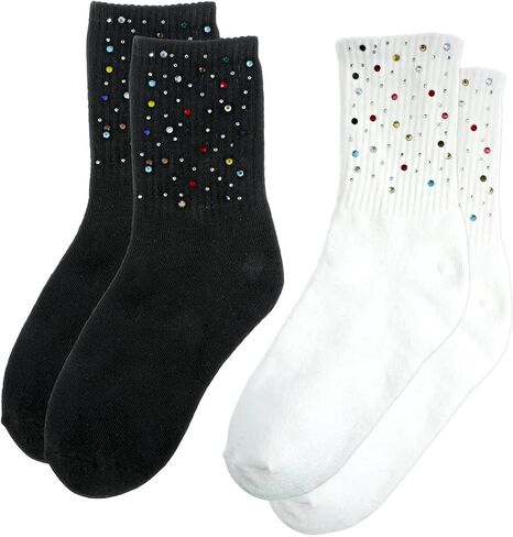 2 Pairs Glitter Crew Socks for Women, Cute Fashion Rhinestone Crew Socks for All Season, Cotton Cozy Casual Sock for Mom Festival Funny Gifts in Saudi Arabia