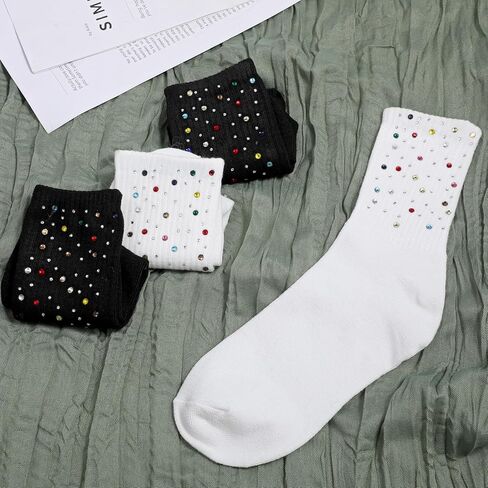 2 Pairs Glitter Crew Socks for Women, Cute Fashion Rhinestone Crew Socks for All Season, Cotton Cozy Casual Sock for Mom Festival Funny Gifts in Saudi Arabia