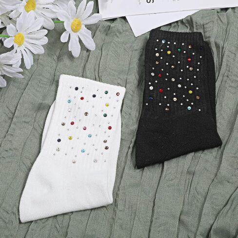 2 Pairs Glitter Crew Socks for Women, Cute Fashion Rhinestone Crew Socks for All Season, Cotton Cozy Casual Sock for Mom Festival Funny Gifts in Saudi Arabia