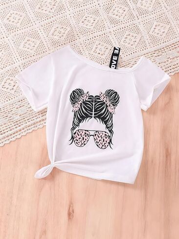 Girls One Shoulder Graphic T-Shirt Summer Casual Tee Cute Girl Print Top Leopard Sunglasses Off Shoulder Tie Front Shirt in Saudi Arabia