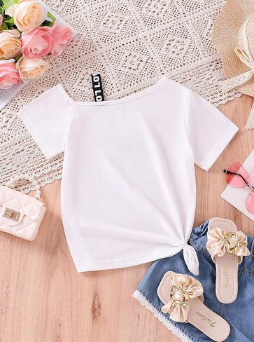 Girls One Shoulder Graphic T-Shirt Summer Casual Tee Cute Girl Print Top Leopard Sunglasses Off Shoulder Tie Front Shirt in Saudi Arabia