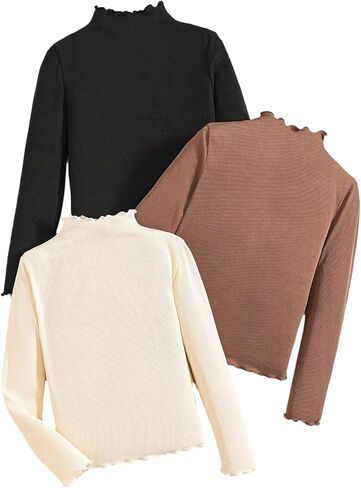 SOLY HUX Girl's Fall Tops 3 Pack Mock Neck Long Sleeve Tee Lettuce Trim Ribbed Knit T Shirt in Saudi Arabia