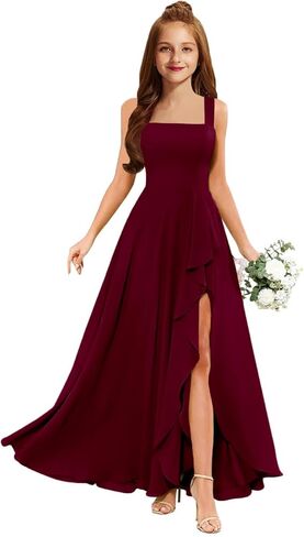 MRHUSH Junior Bridesmaid Dresses Chiffon Ruffle Flower Girl Dress Square Neck Slit Prom Dresses for Teen Girls Formal Dress in Saudi Arabia