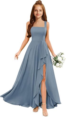 MRHUSH Junior Bridesmaid Dresses Chiffon Ruffle Flower Girl Dress Square Neck Slit Prom Dresses for Teen Girls Formal Dress in Saudi Arabia