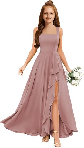 MRHUSH Junior Bridesmaid Dresses Chiffon Ruffle Flower Girl Dress Square Neck Slit Prom Dresses for Teen Girls Formal Dress in Saudi Arabia