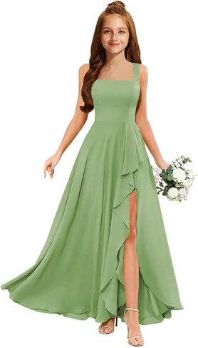 MRHUSH Junior Bridesmaid Dresses Chiffon Ruffle Flower Girl Dress Square Neck Slit Prom Dresses for Teen Girls Formal Dress in Saudi Arabia