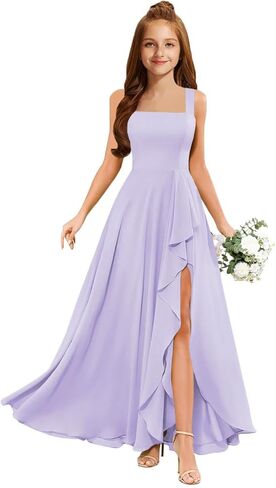 MRHUSH Junior Bridesmaid Dresses Chiffon Ruffle Flower Girl Dress Square Neck Slit Prom Dresses for Teen Girls Formal Dress in Saudi Arabia