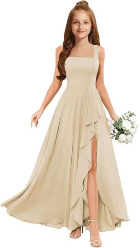 MRHUSH Junior Bridesmaid Dresses Chiffon Ruffle Flower Girl Dress Square Neck Slit Prom Dresses for Teen Girls Formal Dress in Saudi Arabia