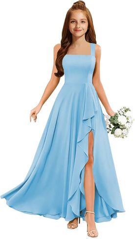 MRHUSH Junior Bridesmaid Dresses Chiffon Ruffle Flower Girl Dress Square Neck Slit Prom Dresses for Teen Girls Formal Dress in Saudi Arabia