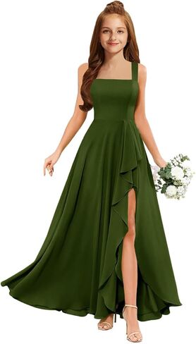 MRHUSH Junior Bridesmaid Dresses Chiffon Ruffle Flower Girl Dress Square Neck Slit Prom Dresses for Teen Girls Formal Dress in Saudi Arabia