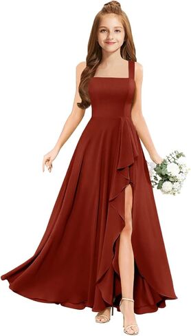 MRHUSH Junior Bridesmaid Dresses Chiffon Ruffle Flower Girl Dress Square Neck Slit Prom Dresses for Teen Girls Formal Dress in Saudi Arabia