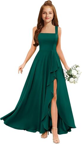 MRHUSH Junior Bridesmaid Dresses Chiffon Ruffle Flower Girl Dress Square Neck Slit Prom Dresses for Teen Girls Formal Dress in Saudi Arabia