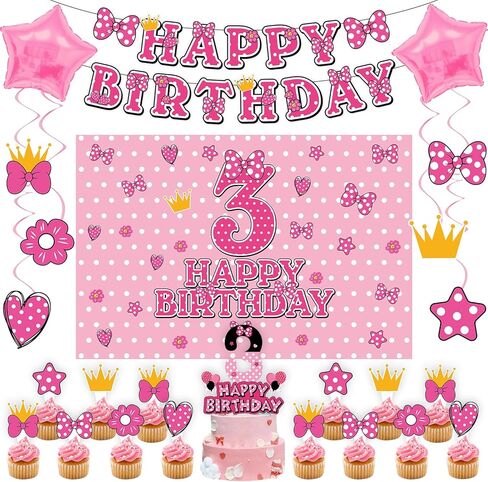Pink Mouse 3rd Birthday Party Decorations for kids Party Supplies Set Include Banner, Backdrop, Hanging Swirls, Cake Cupcake Toppers for Mouse Themes in Saudi Arabia