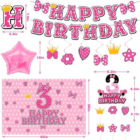 Pink Mouse 3rd Birthday Party Decorations for kids Party Supplies Set Include Banner, Backdrop, Hanging Swirls, Cake Cupcake Toppers for Mouse Themes in Saudi Arabia