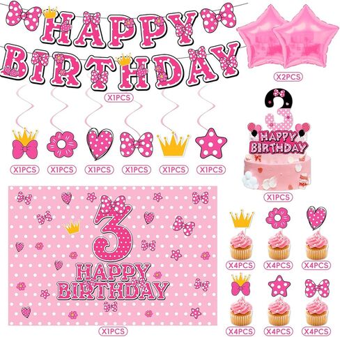 Pink Mouse 3rd Birthday Party Decorations for kids Party Supplies Set Include Banner, Backdrop, Hanging Swirls, Cake Cupcake Toppers for Mouse Themes in Saudi Arabia