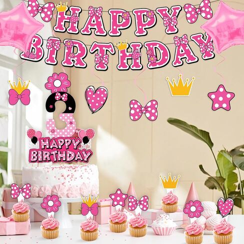 Pink Mouse 3rd Birthday Party Decorations for kids Party Supplies Set Include Banner, Backdrop, Hanging Swirls, Cake Cupcake Toppers for Mouse Themes in Saudi Arabia