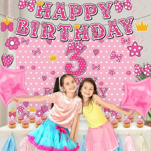 Pink Mouse 3rd Birthday Party Decorations for kids Party Supplies Set Include Banner, Backdrop, Hanging Swirls, Cake Cupcake Toppers for Mouse Themes in Saudi Arabia