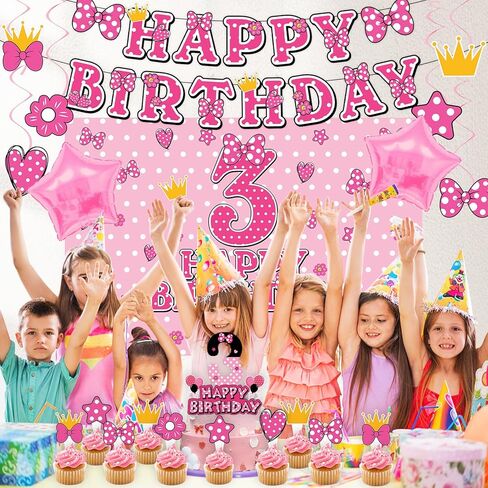 Pink Mouse 3rd Birthday Party Decorations for kids Party Supplies Set Include Banner, Backdrop, Hanging Swirls, Cake Cupcake Toppers for Mouse Themes in Saudi Arabia