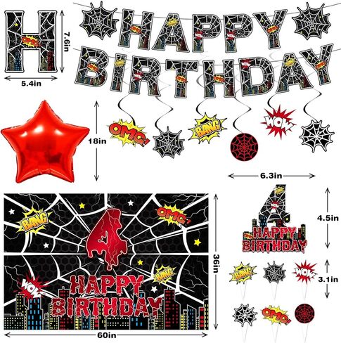 Black Spider 4th Birthday Party Supplies Decorations Set Include Banner, Backdrop, Hanging Swirls, Cake Cupcake Toppers for Spider Web Theme in Saudi Arabia