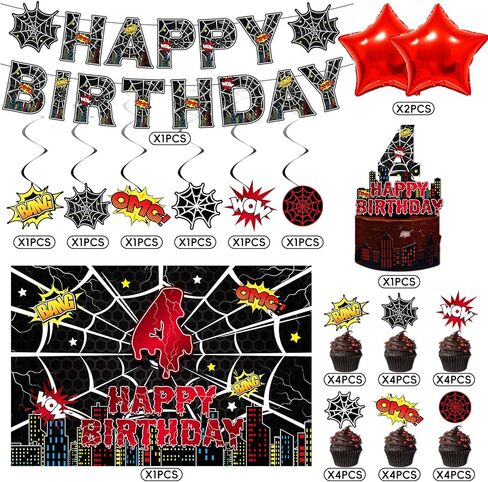 Black Spider 4th Birthday Party Supplies Decorations Set Include Banner, Backdrop, Hanging Swirls, Cake Cupcake Toppers for Spider Web Theme in Saudi Arabia