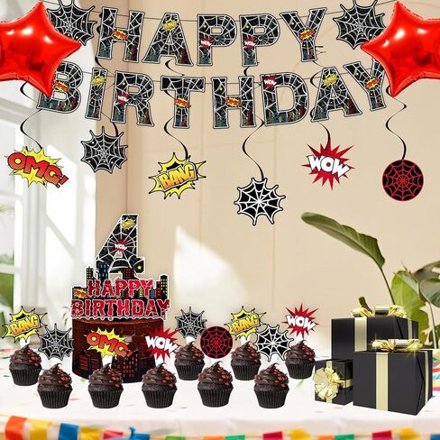 Black Spider 4th Birthday Party Supplies Decorations Set Include Banner, Backdrop, Hanging Swirls, Cake Cupcake Toppers for Spider Web Theme in Saudi Arabia