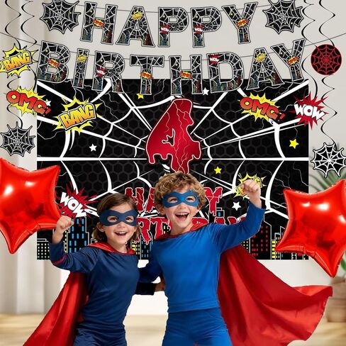 Black Spider 4th Birthday Party Supplies Decorations Set Include Banner, Backdrop, Hanging Swirls, Cake Cupcake Toppers for Spider Web Theme in Saudi Arabia