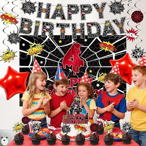 Black Spider 4th Birthday Party Supplies Decorations Set Include Banner, Backdrop, Hanging Swirls, Cake Cupcake Toppers for Spider Web Theme in Saudi Arabia
